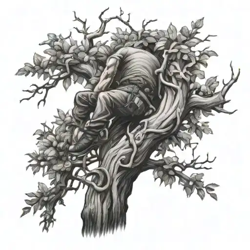 Design A Tattoo Of A Tree Climber Scaling A Tree With Heavy Metal Lyrics Intertwined In The Branches