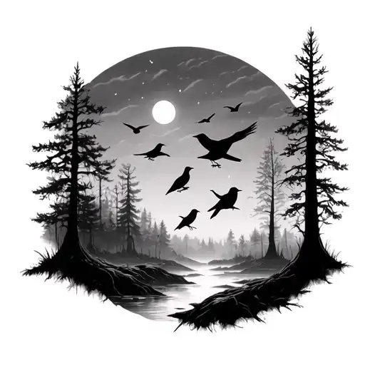 Woods At Night With Crows All Different Sizes