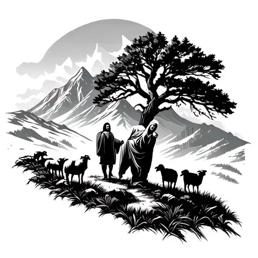 Mountain And Tree Wilderness Scene With Jesus And A Shepherd Walking With A Sheep Behind