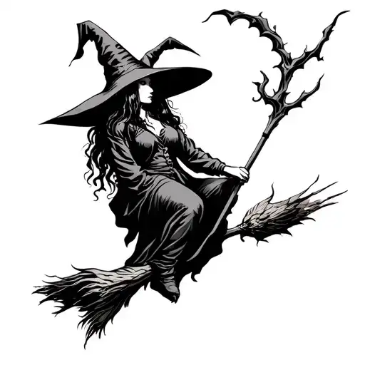 Witch On Broom In Front