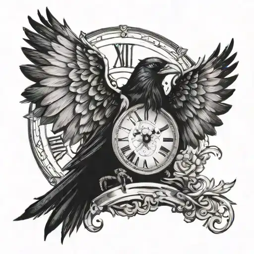 Crow Sitting On A Clock With Broken Angel Wings Spread