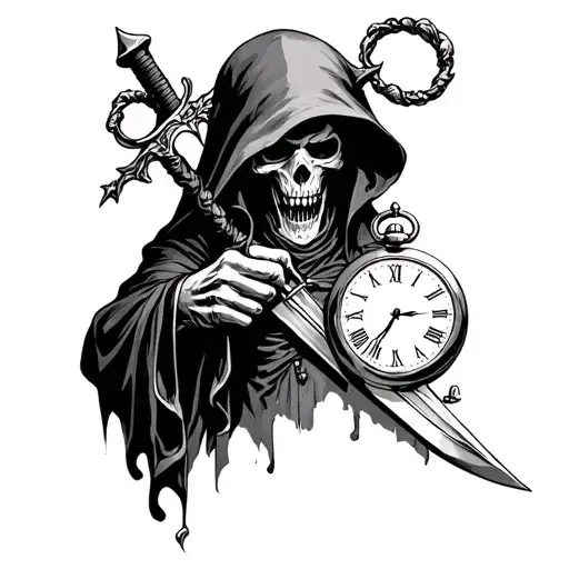 Grimreaper Holding Pocketwatch Pierced By A Sword