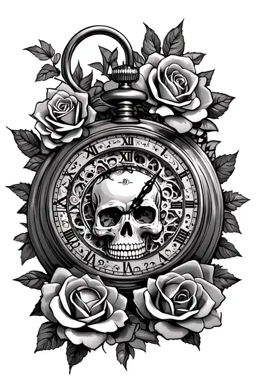 Pocket Watch With Gears Surrounded By Roses And A Skull