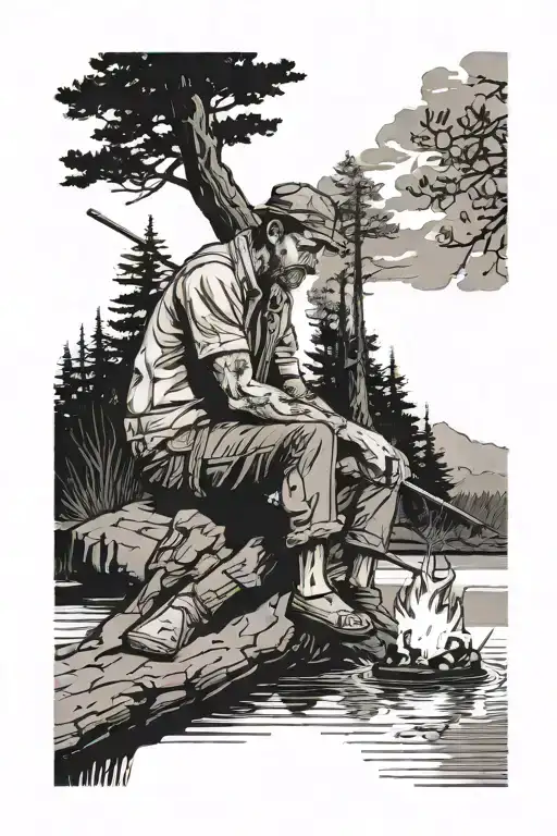 Fisherman Leaning Against Tree With Line In Water And A Campfire