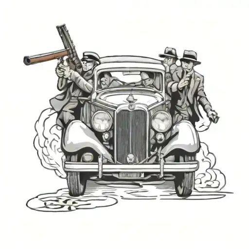 Classic Mafia Car With 3 Men Shooting With Thompsons On Its Bumper Over The Hood Of The Car