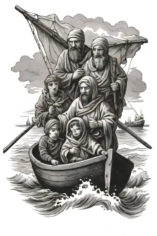 Christian Holy Family As Refugees Crossing The English Channel In A Small Boat