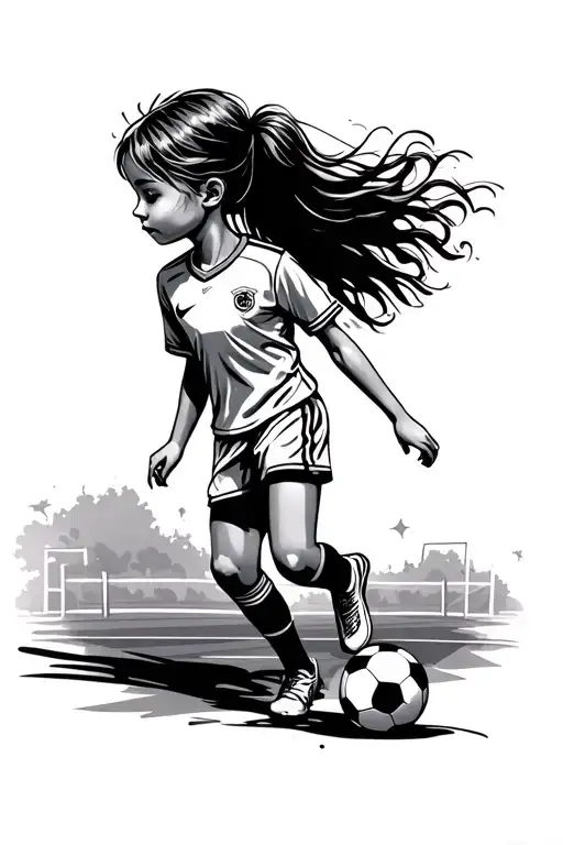 Little Soccer Girl Walking On A Soccer Field With A Soccer Ball Realistic