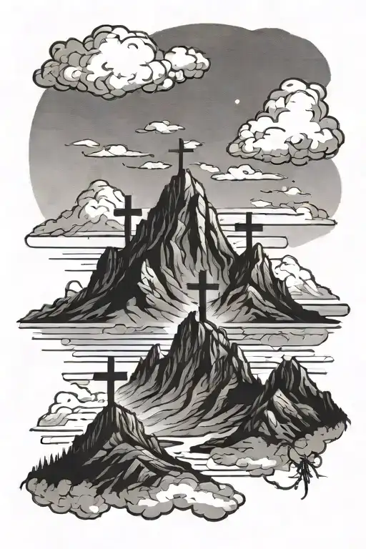 Mountains With 3 Crosses And Clouds In The Background