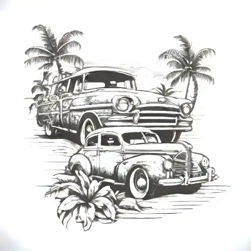 Hawaiian Beach Scene With A Vintage Car In The Background