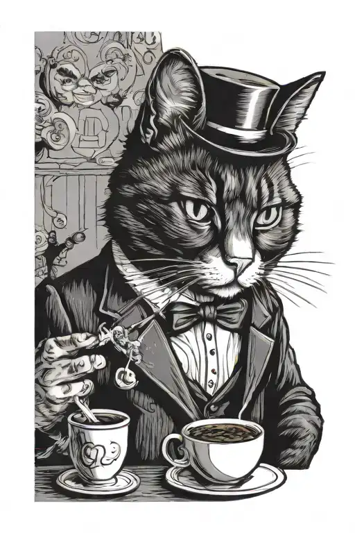 Tuxedo Cat Smoking A Cigarette And Drinking A Cup Of Coffee