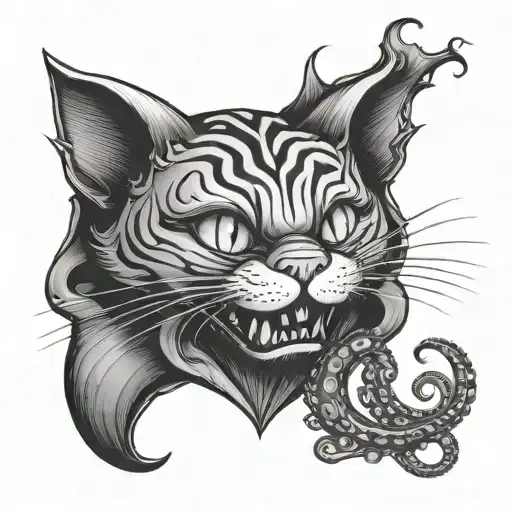 Cheshire Cat And Octopus Intertwined In A Heart Shape With Praying Hands In The Background