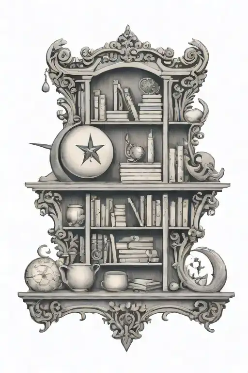 An Intricate Black And Grey Design Of A Bookshelf Filled With Sagittarius Symbols And Quarter Moons