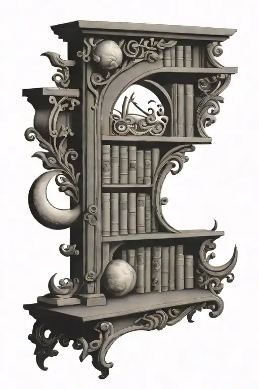 An Intricate Black And Grey Design Of A Bookshelf Filled With Sagittarius Symbols And Quarter Moons