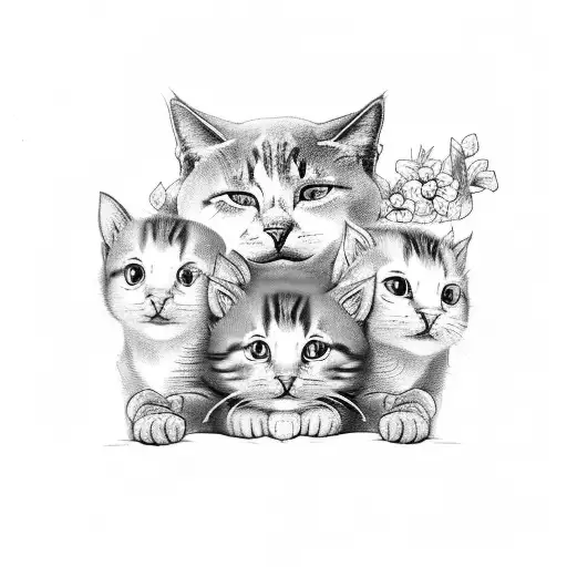 A Black-grey Tattoo Of A Mother Cat Cuddling Her Kittens In A Garden Of Flowers