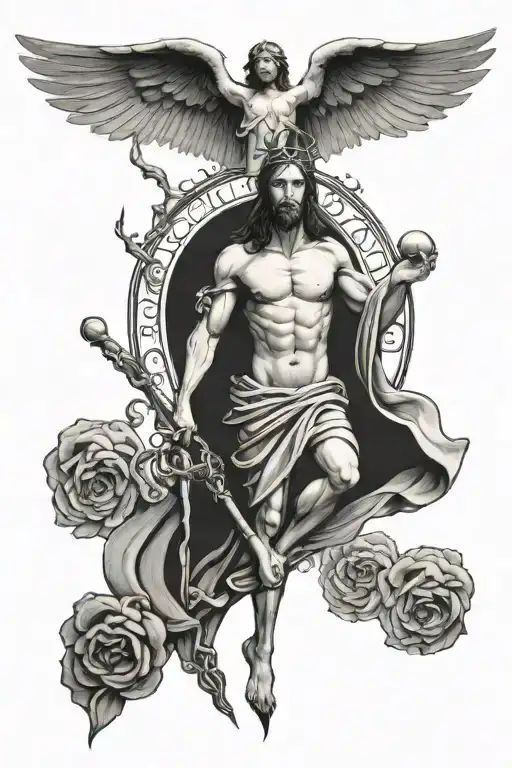 Winged Staff With Jesus In Middle Surrounded