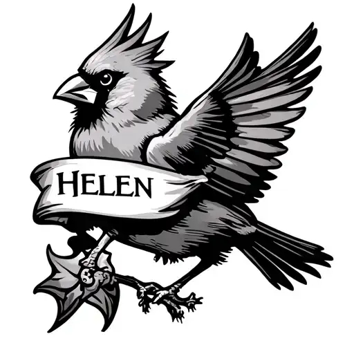 A Cardinal Flying With A Banner That Has The Name Helen On It