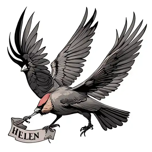 A Cardinal Flying Holding A Banner That Has The Name Helen On It