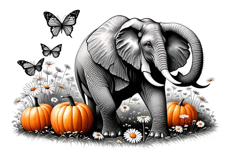 An Elephant And Butterflies In A Field Of Pumpkins And Daisies