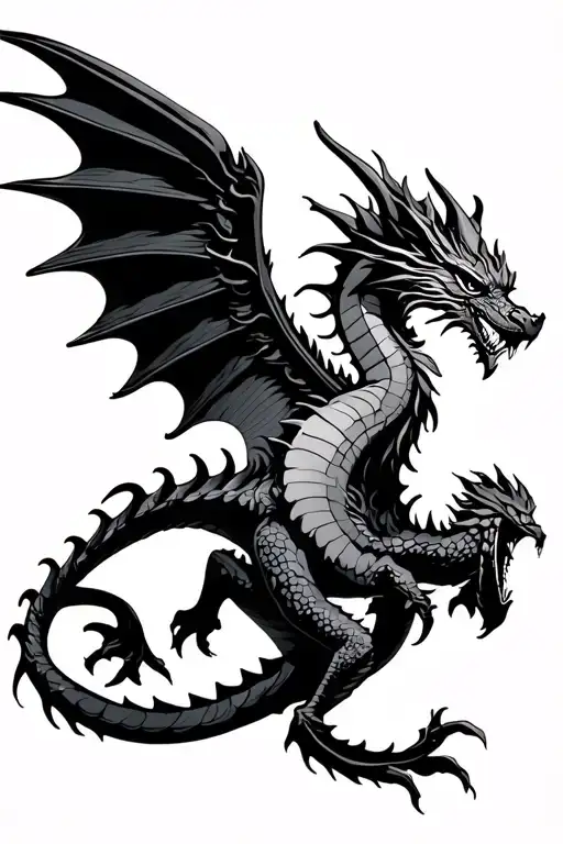 Dragon Flying With Open Wings In The Style Of The Back Along The Spine