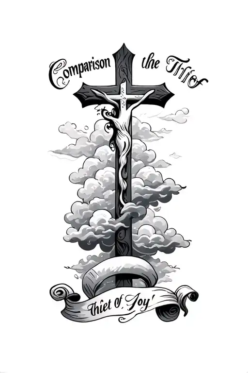 A Cross With Clouds Around It And The Words Comparison Is The Thief Of Joy In A Scroll