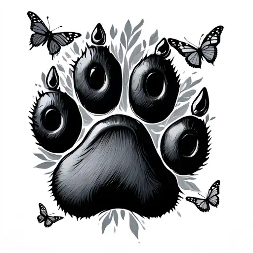 Big Dog Paw With Butterflies Surrounding