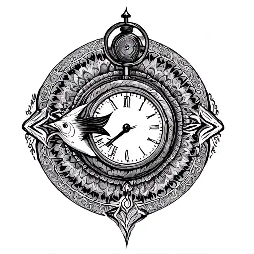Pisces Symbol Tattoo With Stop Watch And Some Mandala Art Around It