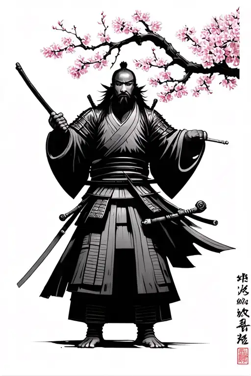 Samurai Under Japanese Cherry Blossom Branch And Japanese Tample With Jing And Jang