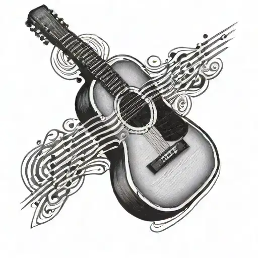 Acoustic Guitar With A Heartbeat Line Forming Musical Notes