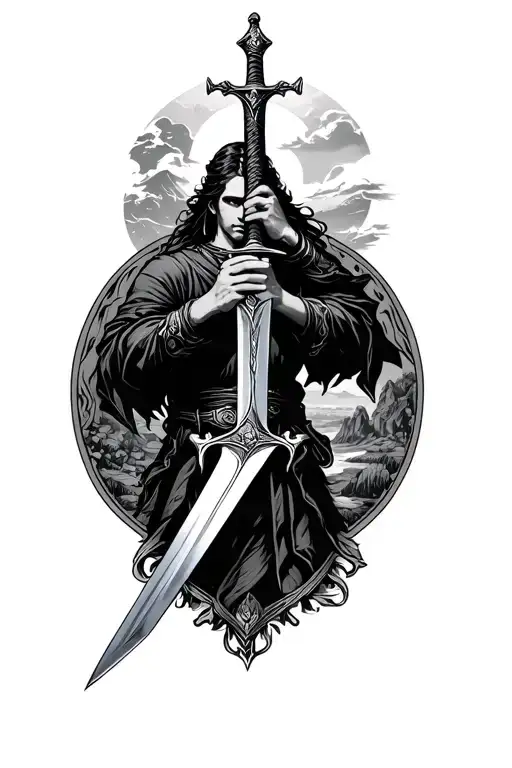 Angle Holding A Sword With Backdrop Scenery Capturing The Beauty