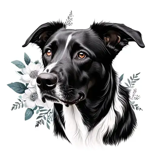 Black Border Collie Great Dane Portrait Florals