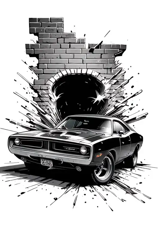 1969 Dodge Charger Breaking Through A Brick Wall With The Car At A Side Angle