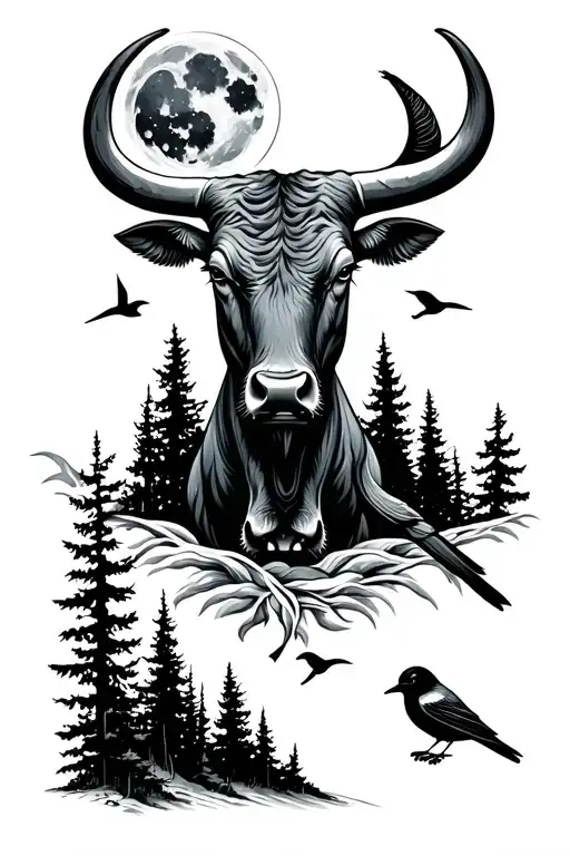 Bull And Moon And Forest And Birds Small Lettering Realism