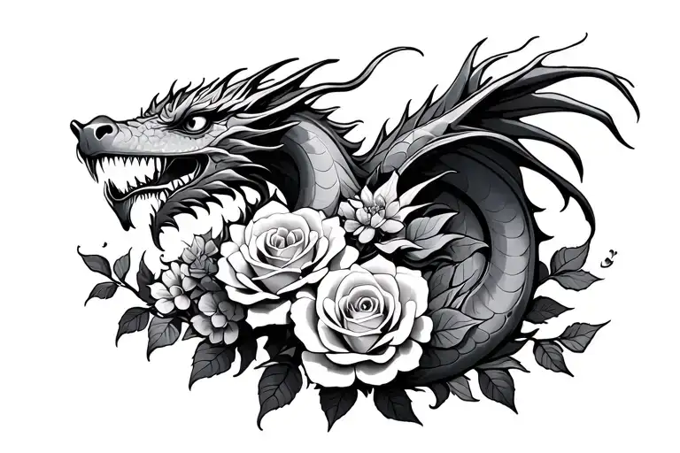 Dragon Et Roses Blooming Flowers Intertwined