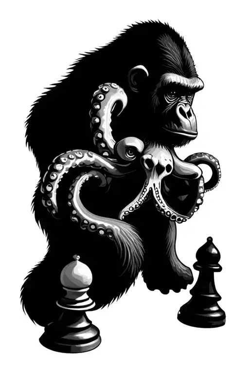 Gorilla And Octopus Playing Chess Piece