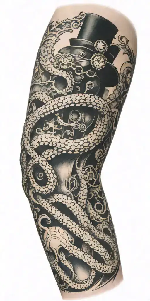 A Steampunk Sleeve With An Octopus Above The Elbow And A Raven Below
