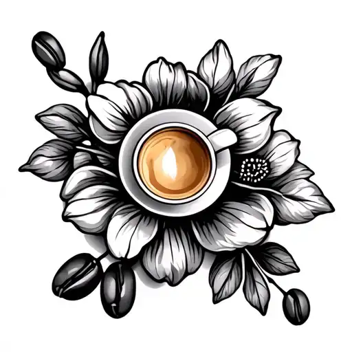 Caffeine Molecule With Coffee Flowers And Coffee Beans