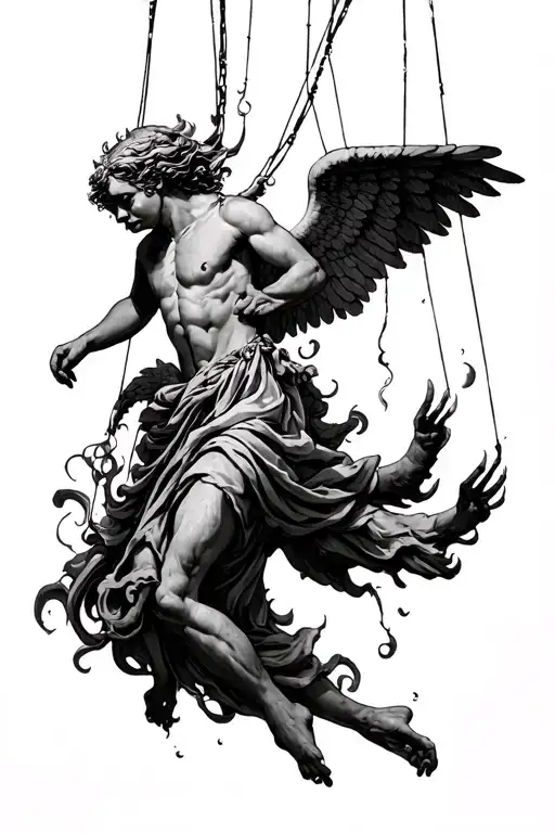 An Angel Turning Into A Demon Falling From Heaven On Puppet Strings
