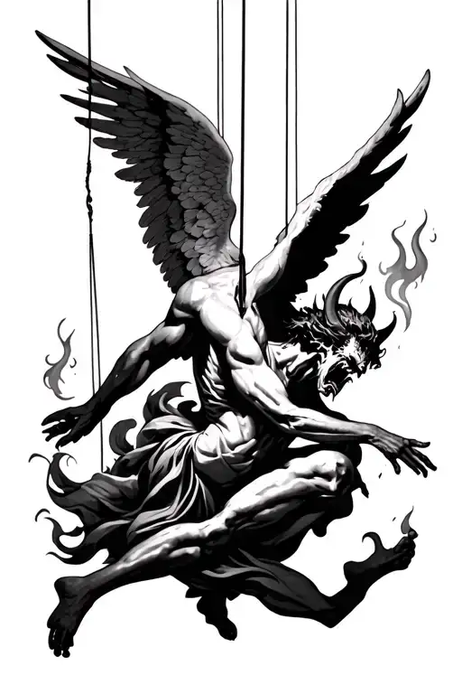 An Angel Turning Into A Flaming Demon Falling From Heaven On Puppet Strings