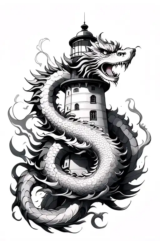 Chinese Dragon Wrapped Around Lighthouse Shining