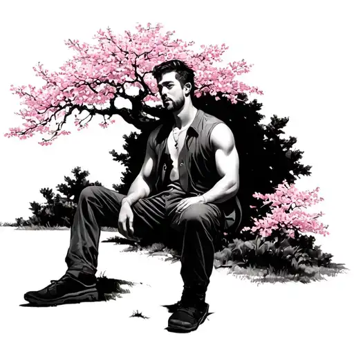 Man Sitting Under Cherry Blossom Tree