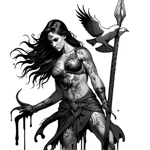 Female Spartan With Blood On Spear And A Dove Above Her