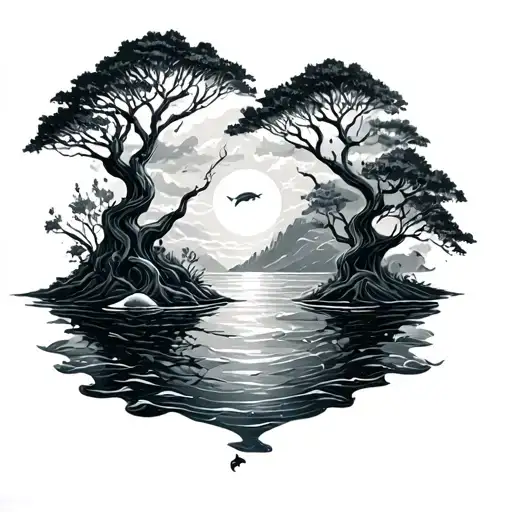 Underwater Sea World And Nature Like Trees Sleeve Tattoo Design
