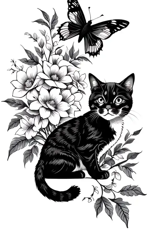 Arabic Floral Composition With Cat Trying To Catch A Butterfly Or Bird