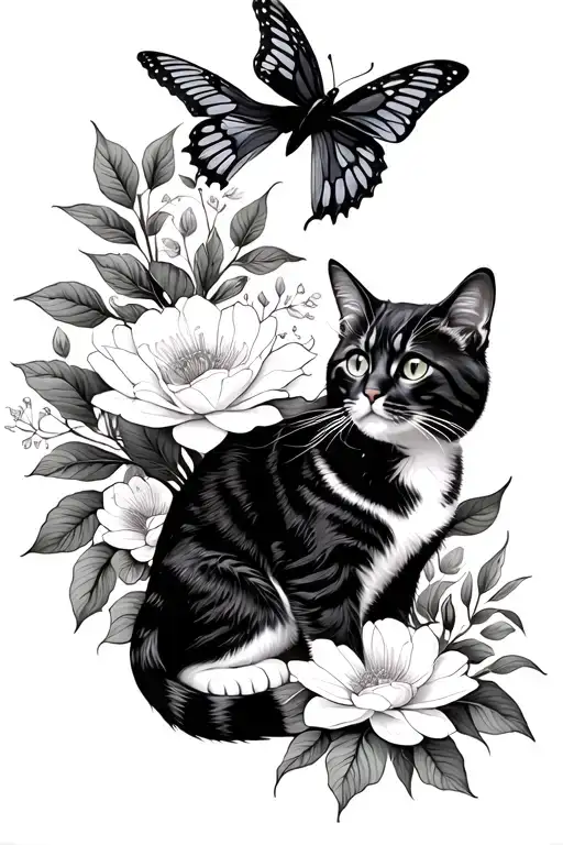 Arabic Floral Composition With Cat En Bas Trying To Catch A Butterfly Or Bird