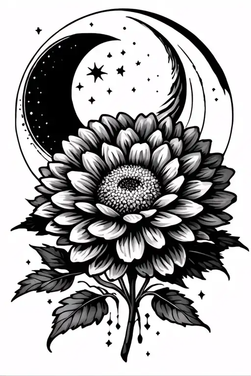 Chrysanthemum With Sun Above It Moon Below It And Stars And Lines Around It