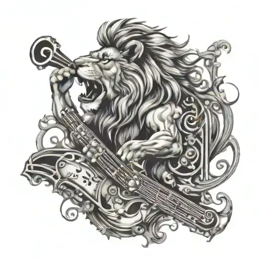An Intricate Design Of A Lion Roaring With A Mix Of Musical Instruments Hidden In Its Mane