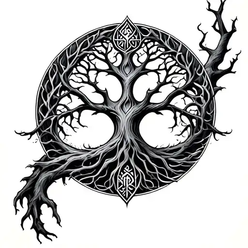 Yggdrasil Tattoo In Linework Style Round