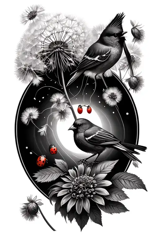 Dandelion Blowing With Lady Bug And Cardinal