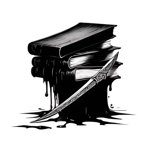 A Stack Of Three Books Being Pierced By A Melting Sword