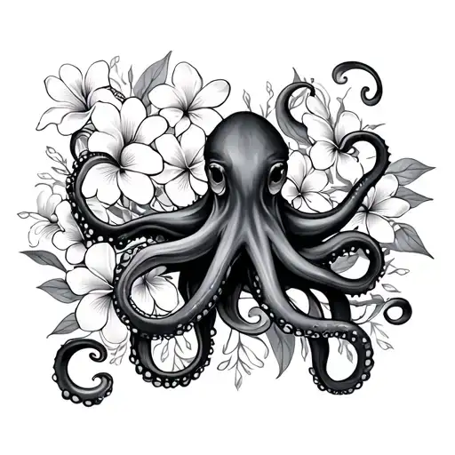 Octopus And Other Sea Creatures In Plumeria Flower Tattoo Sleeve